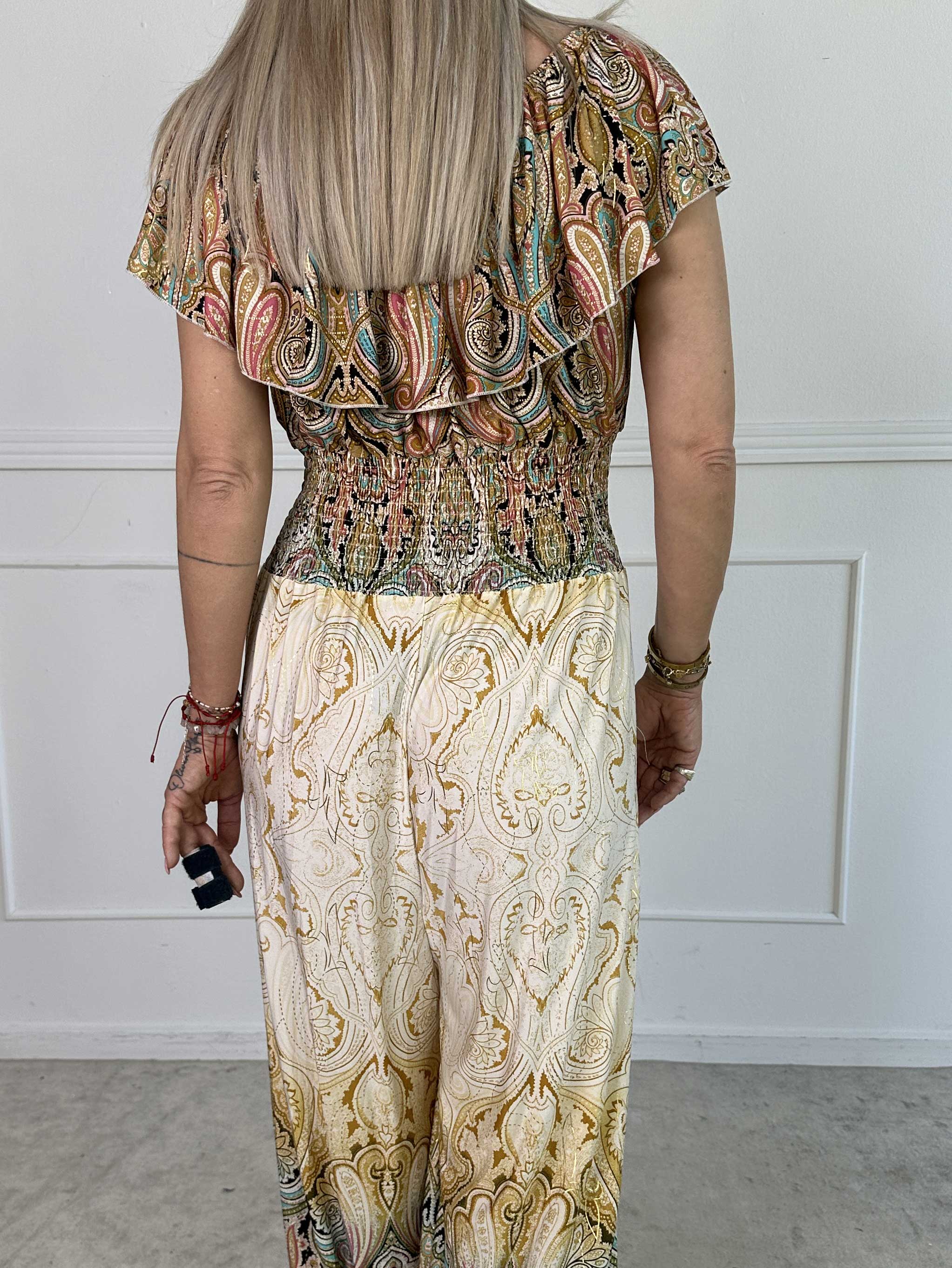 Pams Paisley Frill Jumpsuit - Elastisk buksedragt med smock og flæse